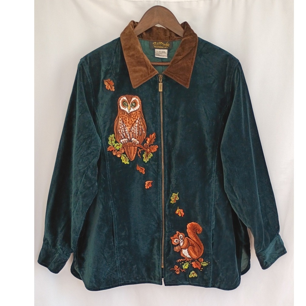 Bob Mackie Vintage Wearable Art Velvet Owl Squirrel Embroidered Jacket Green 1X